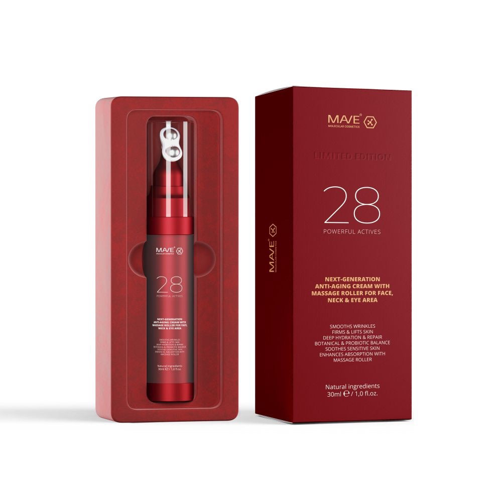 MAVE 28 Anti-Aging Cream 30 ml Gesichtscreme mit 28 Wirkstoffen, feuchtigkeitsspendend und regenerierend, Anti-Falten Pflege mit Massage-Roller
